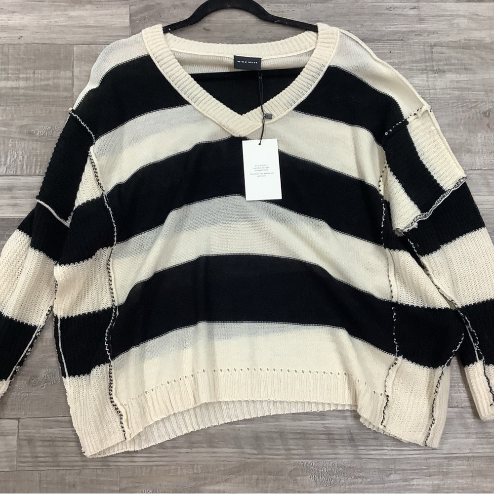 Stylish V-Neck Sweater in Black and Cream Stripes